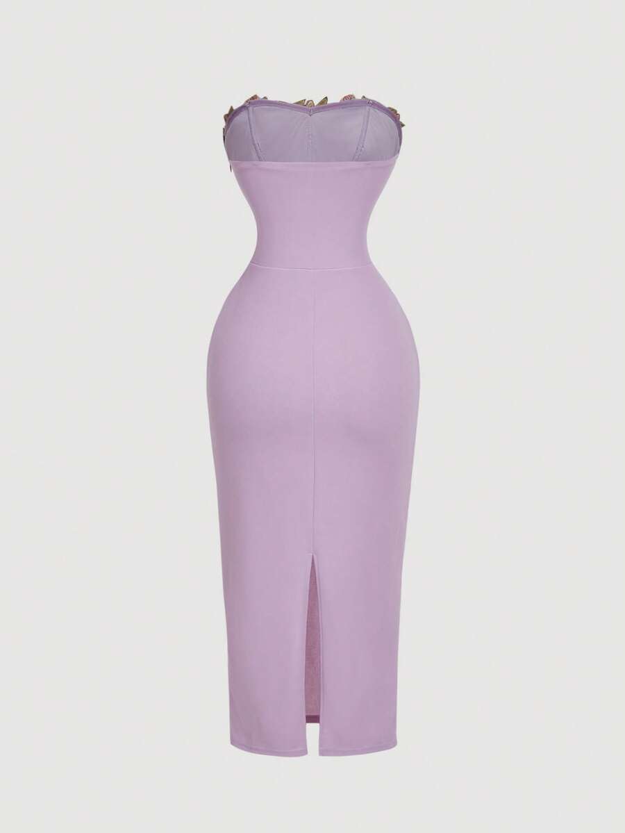 SHEIN MOD فستان أرجواني أنيق بتطريز زهري بدون أكمام