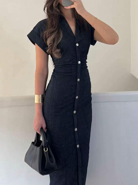 SHEIN فستان أنيق بياقة مطوية وأكمام قصيرة بلون أزرق بحري