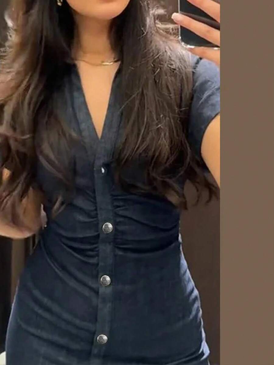 SHEIN فستان أنيق بياقة مطوية وأكمام قصيرة بلون أزرق بحري