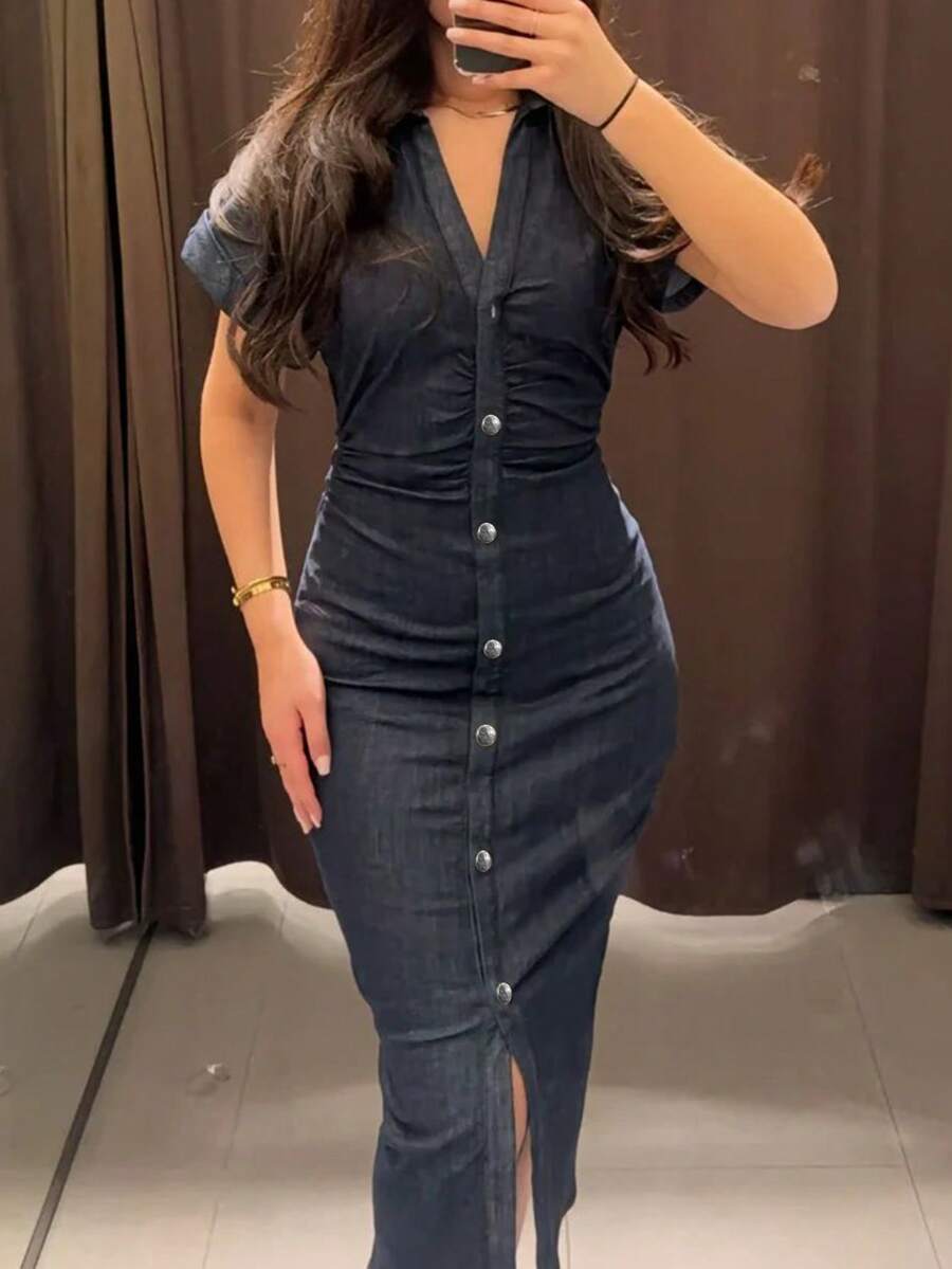 SHEIN فستان أنيق بياقة مطوية وأكمام قصيرة بلون أزرق بحري