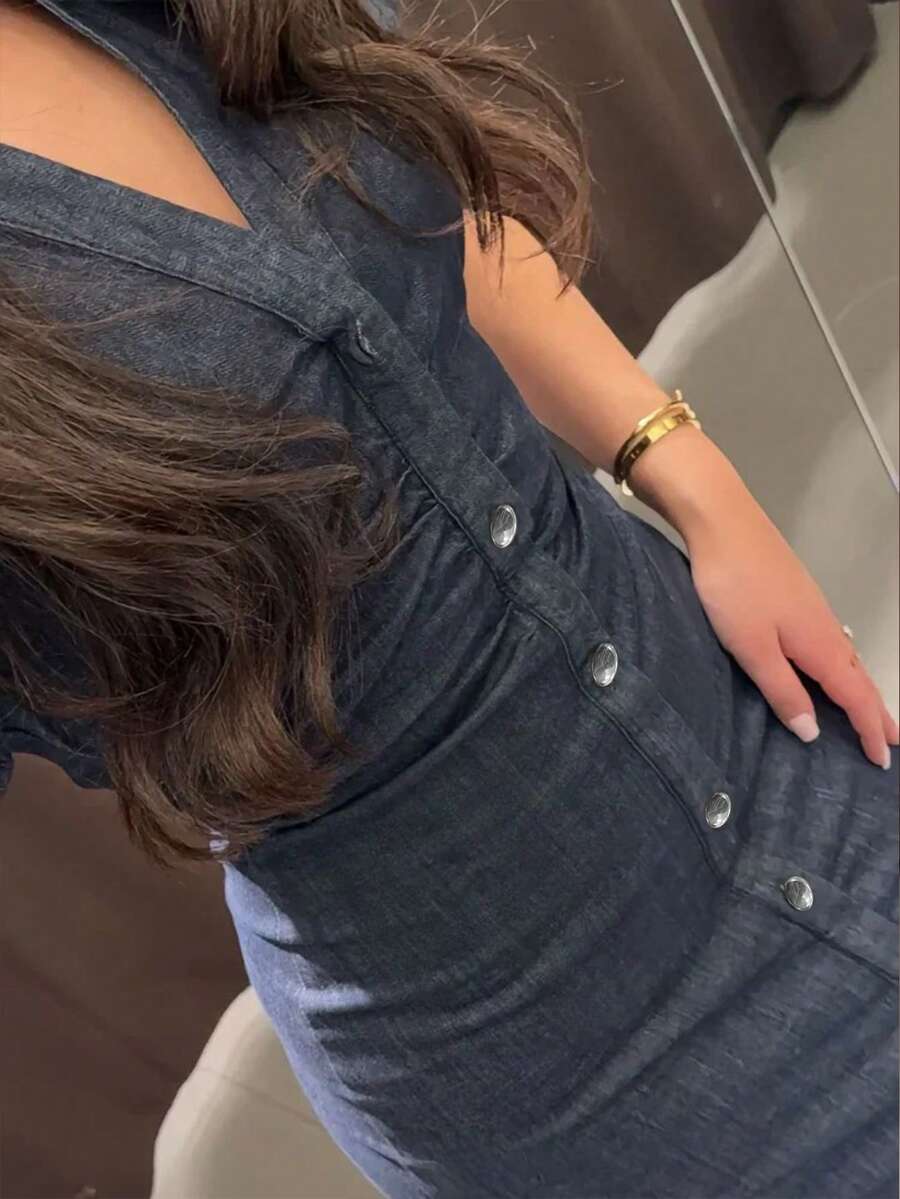 SHEIN فستان أنيق بياقة مطوية وأكمام قصيرة بلون أزرق بحري