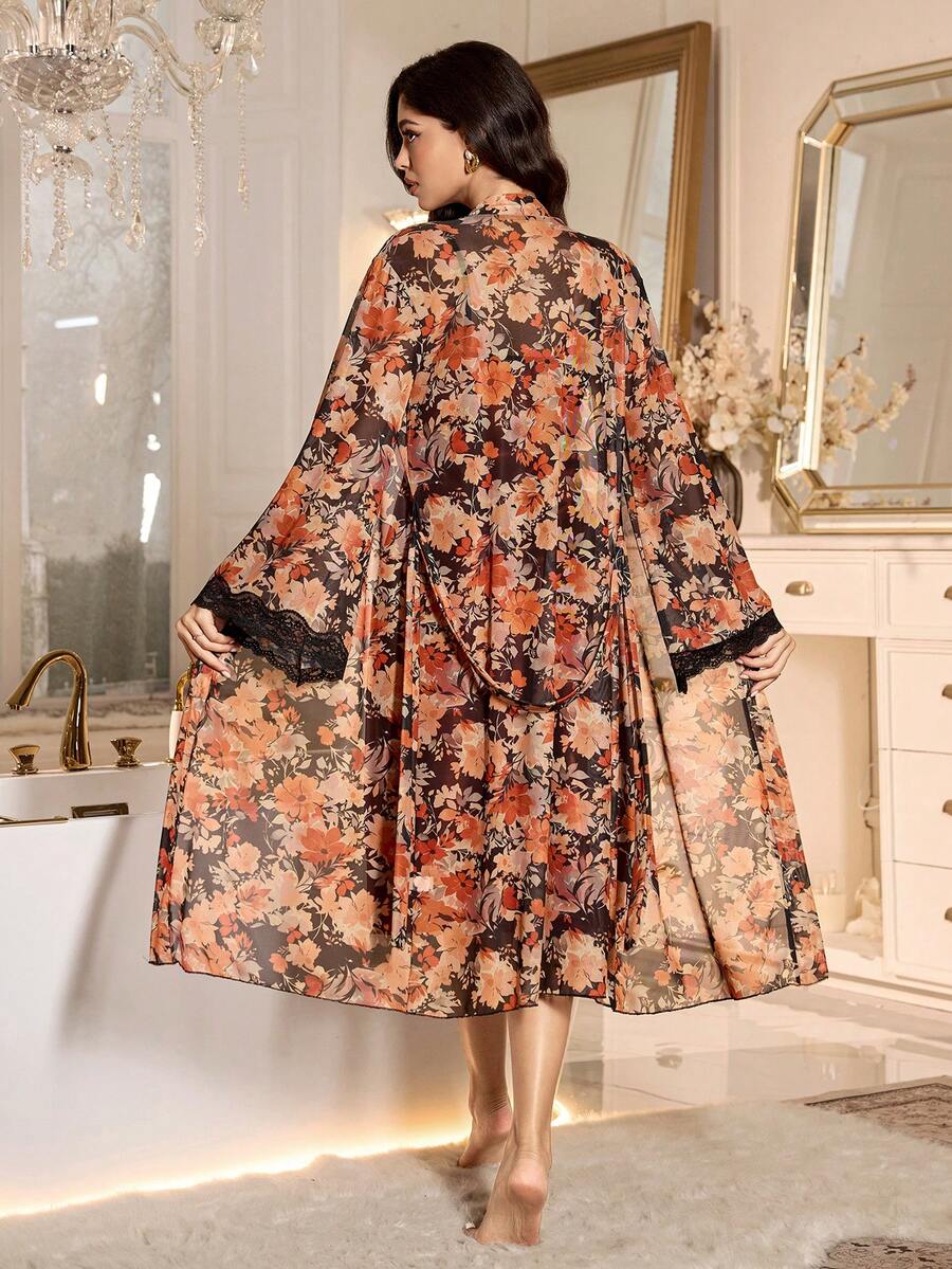 SHEIN LuxeNights طقم ملابس نوم من الساتان بطبعة زهور مكون من فستان وروب