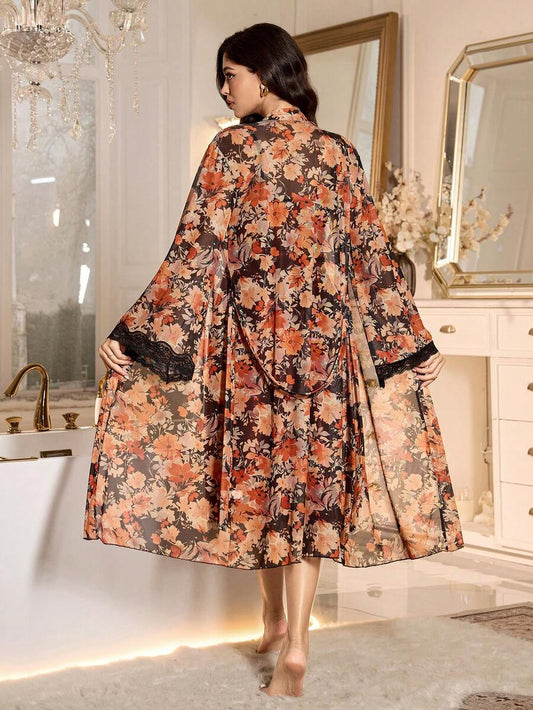 SHEIN LuxeNights طقم ملابس نوم من الساتان بطبعة زهور مكون من فستان وروب