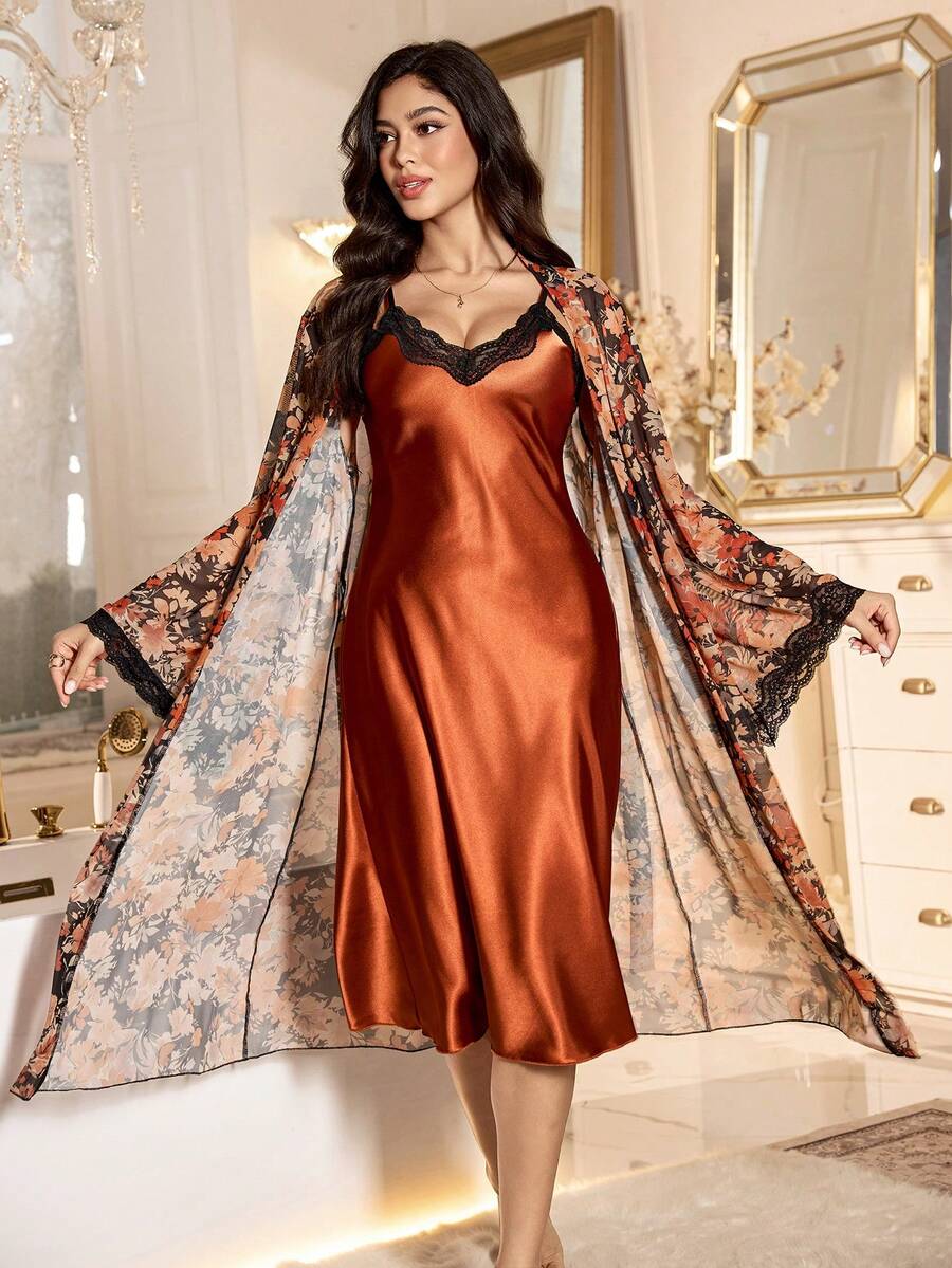 SHEIN LuxeNights طقم ملابس نوم من الساتان بطبعة زهور مكون من فستان وروب