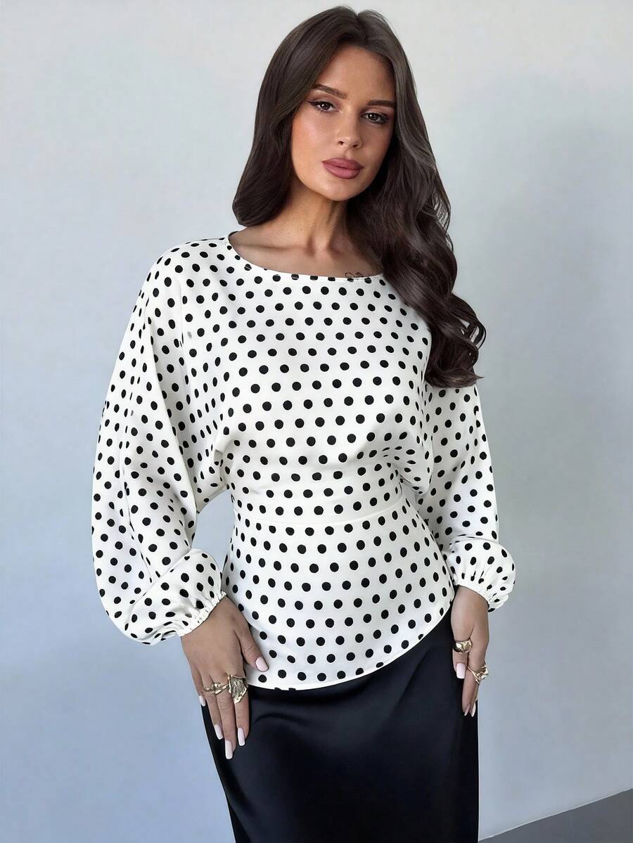 SHEIN Firerie بلوزة بياقة دائرية وأكمام خفاش طويلة مع ربطة خصر
