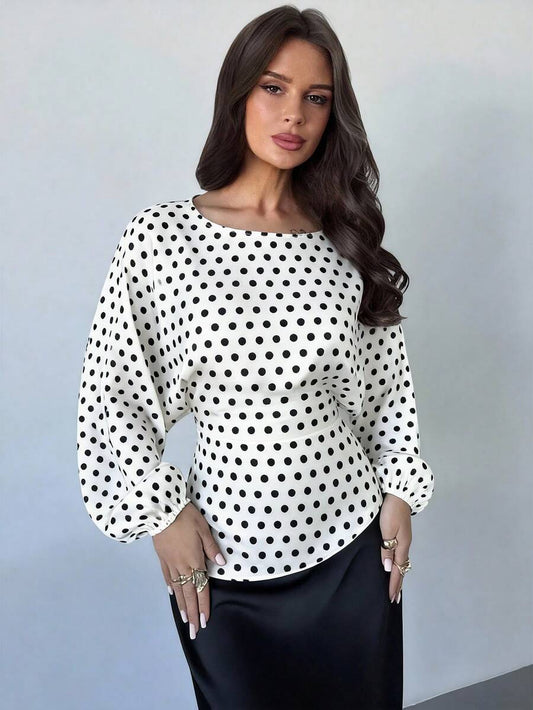 SHEIN Firerie بلوزة بياقة دائرية وأكمام خفاش طويلة مع ربطة خصر