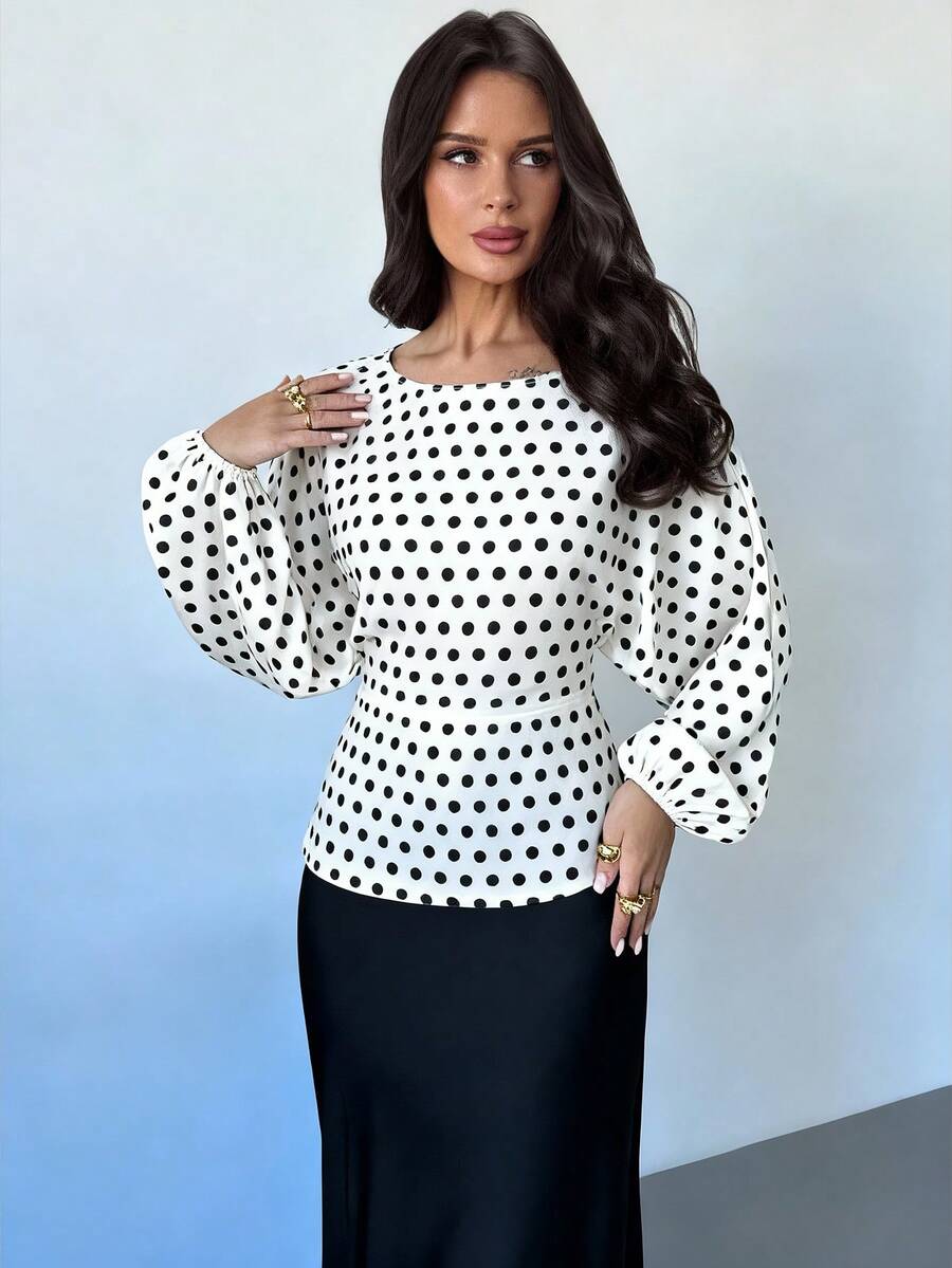 SHEIN Firerie بلوزة بياقة دائرية وأكمام خفاش طويلة مع ربطة خصر