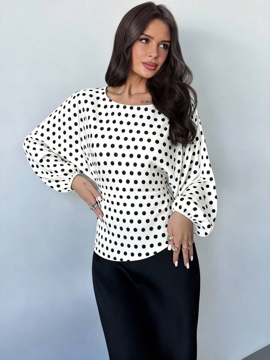SHEIN Firerie بلوزة بياقة دائرية وأكمام خفاش طويلة مع ربطة خصر