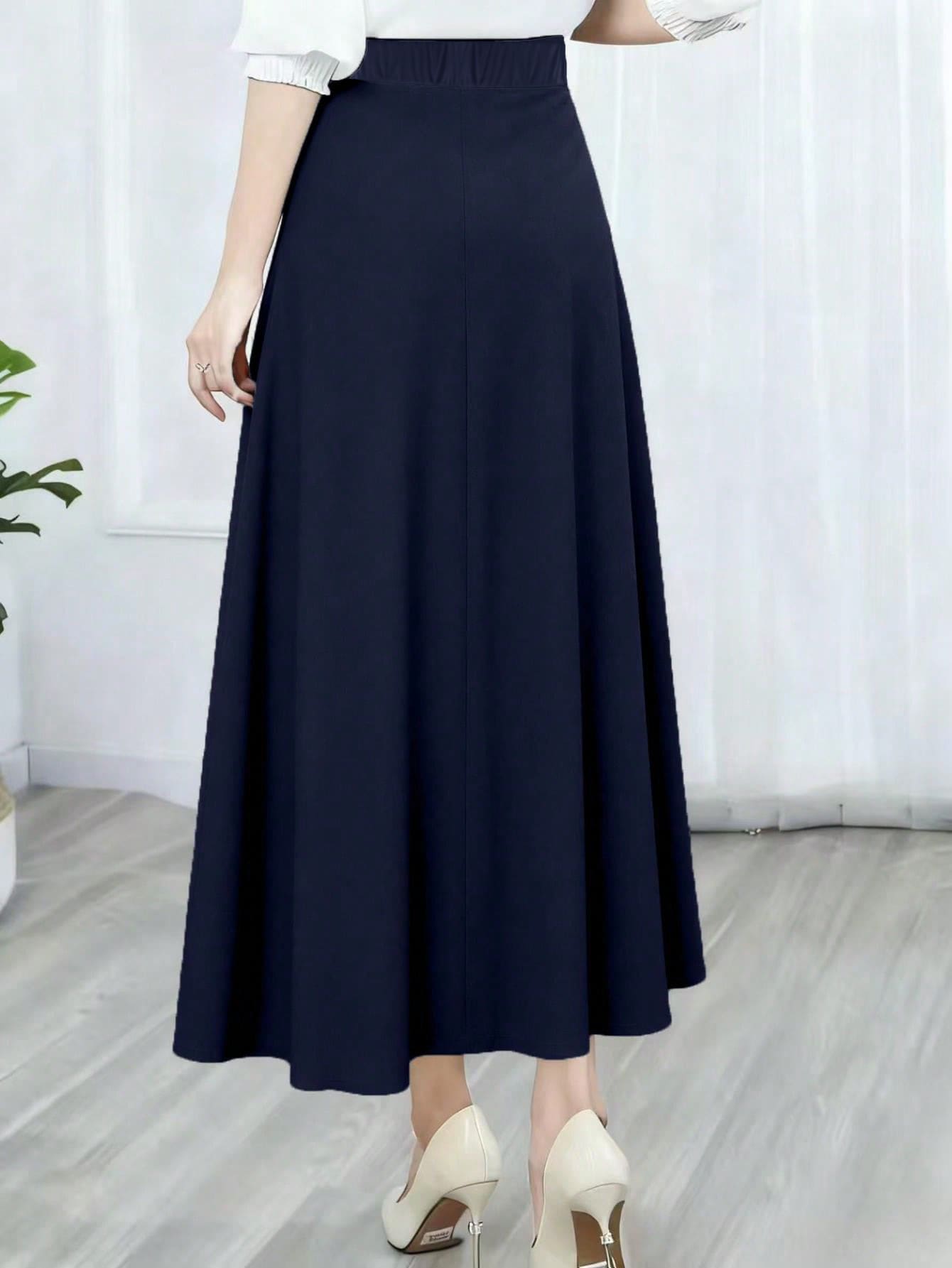 SHEIN تنورة طويلة بخصر عالي بأسلوب كوري بلون أزرق كحلي