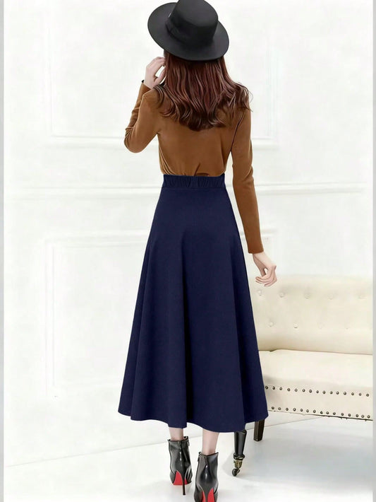 SHEIN تنورة طويلة بخصر عالي بأسلوب كوري بلون أزرق كحلي