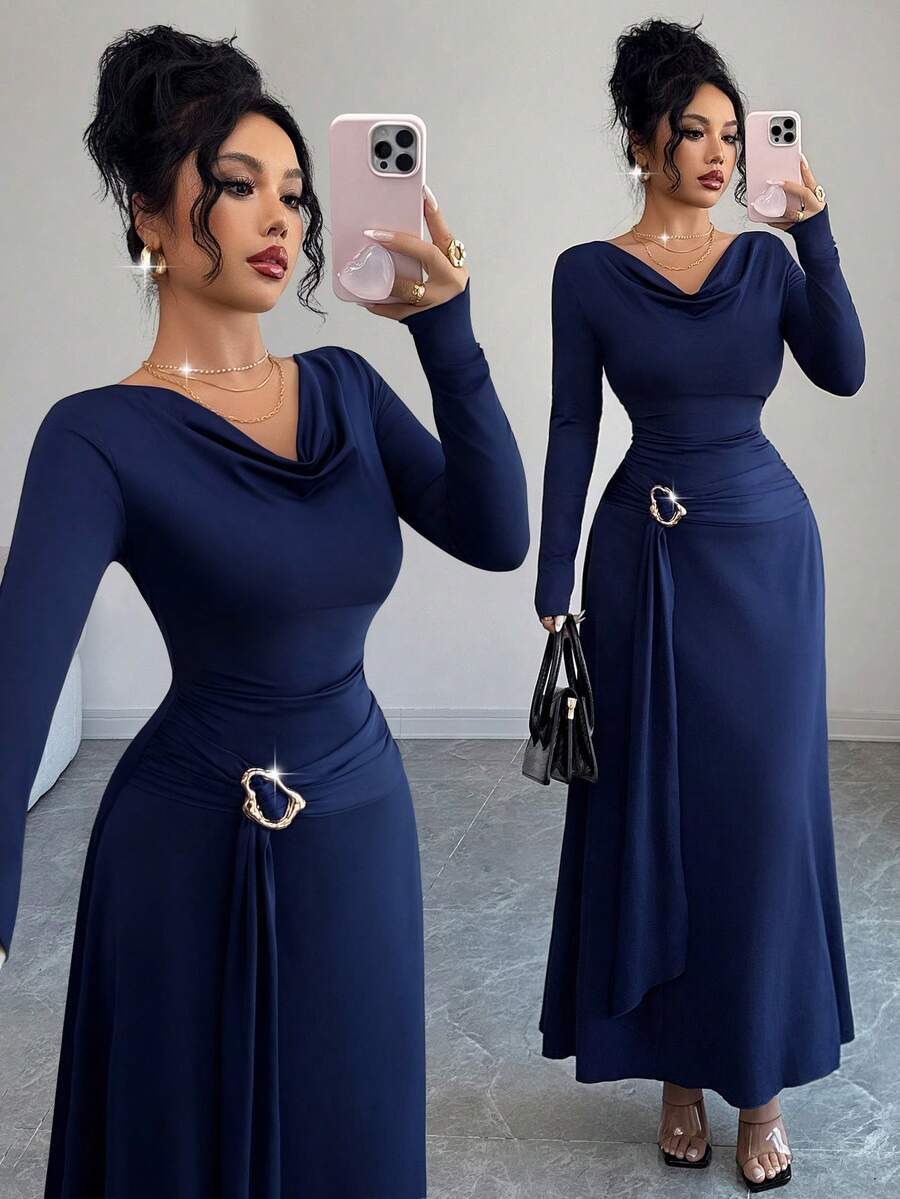 SHEIN Elenzga فستان ازرق طويل برقبة منخفضة وأكمام واسعة