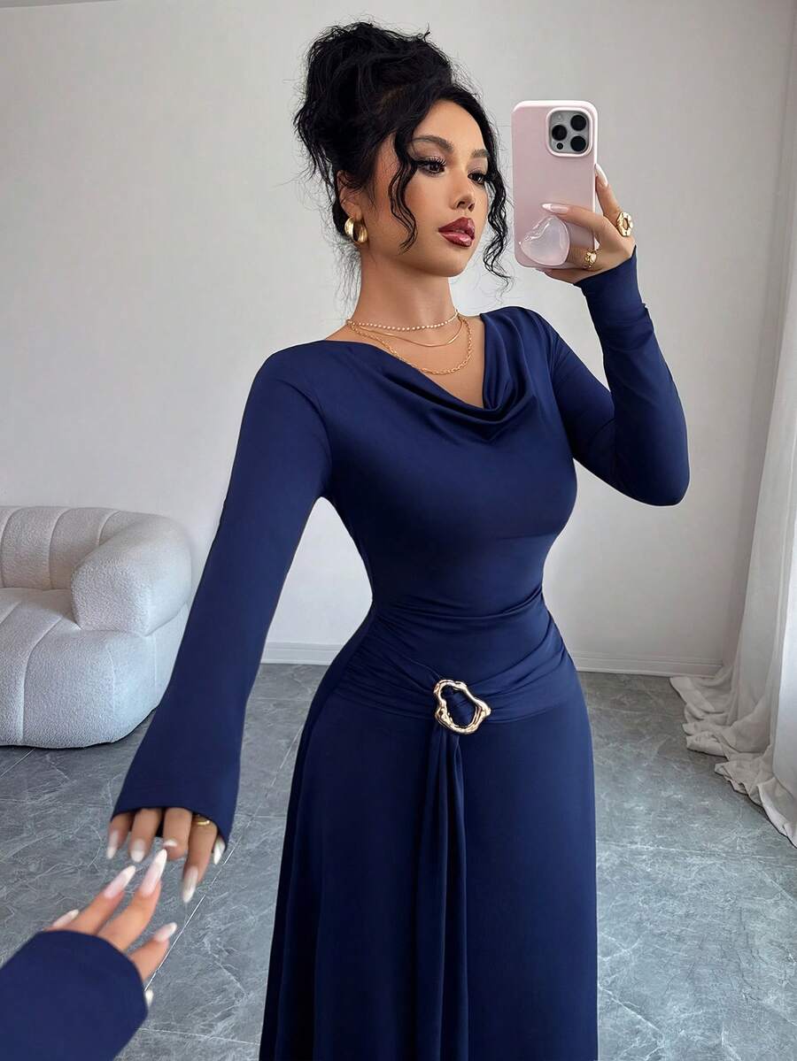 SHEIN Elenzga فستان ازرق طويل برقبة منخفضة وأكمام واسعة