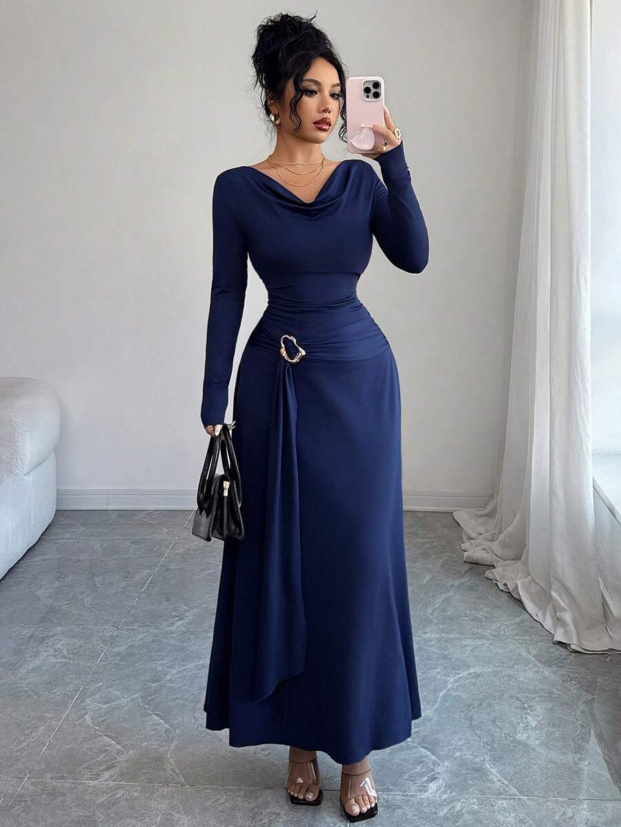 SHEIN Elenzga فستان ازرق طويل برقبة منخفضة وأكمام واسعة