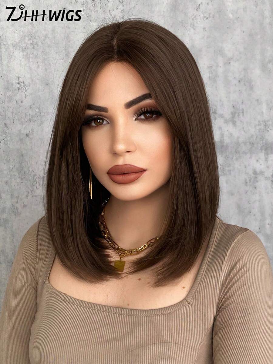 SHEIN باروكة بوب بني قصيرة 16 بوصة مع غرة ستائرية مقاومة للحرارة