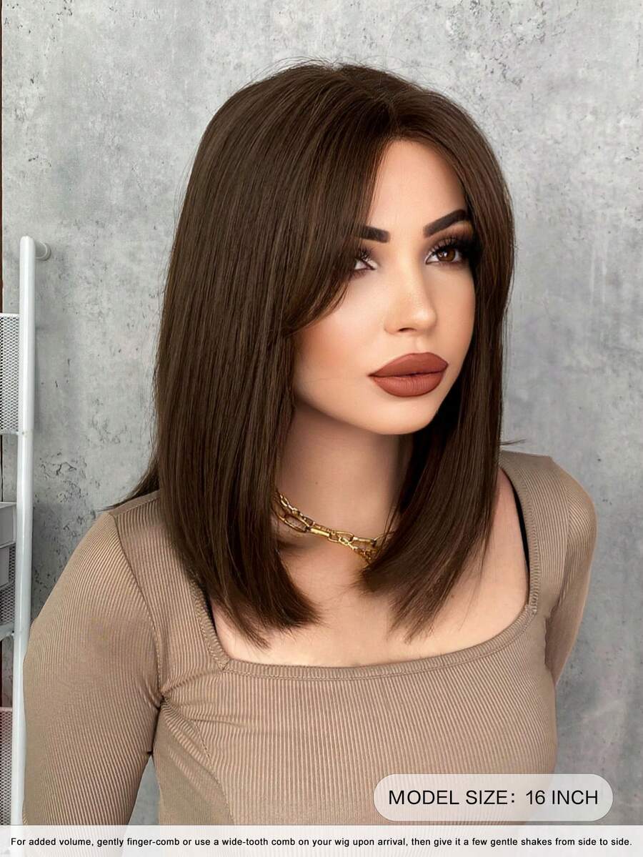 SHEIN باروكة بوب بني قصيرة 16 بوصة مع غرة ستائرية مقاومة للحرارة