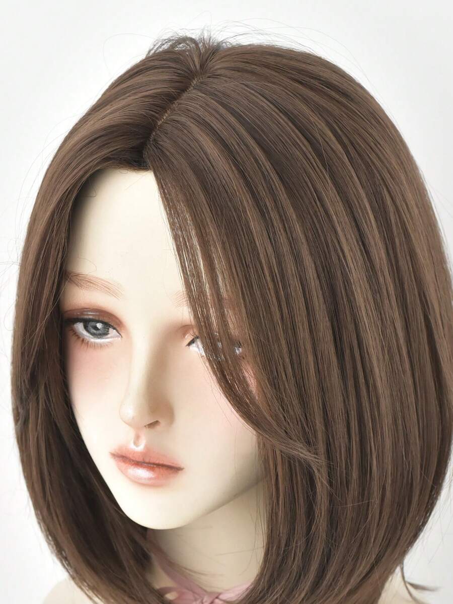 SHEIN باروكة بوب بني قصيرة 16 بوصة مع غرة ستائرية مقاومة للحرارة