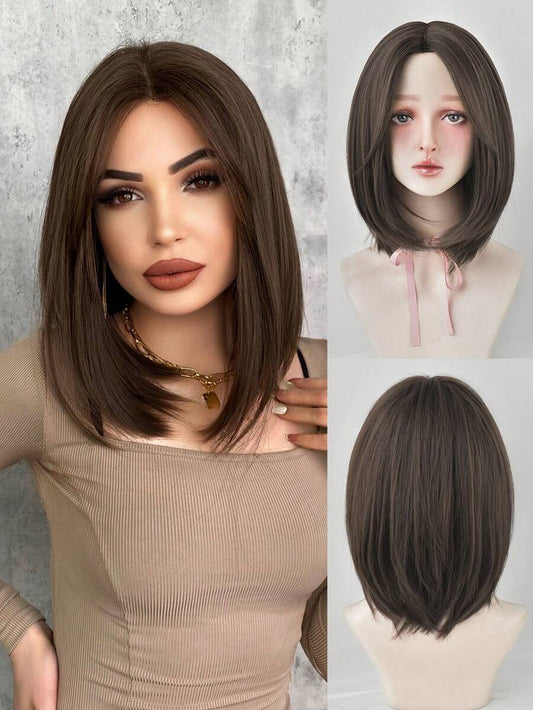 SHEIN باروكة بوب بني قصيرة 16 بوصة مع غرة ستائرية مقاومة للحرارة