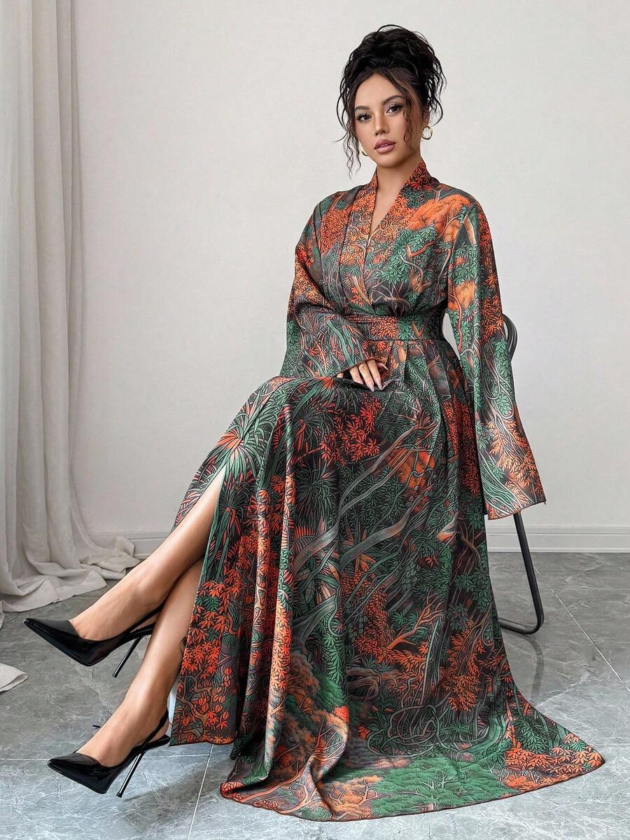 SHEIN Elenzga فستان أخضر بأكمام واسعة مطبوع بطبعة استوائية