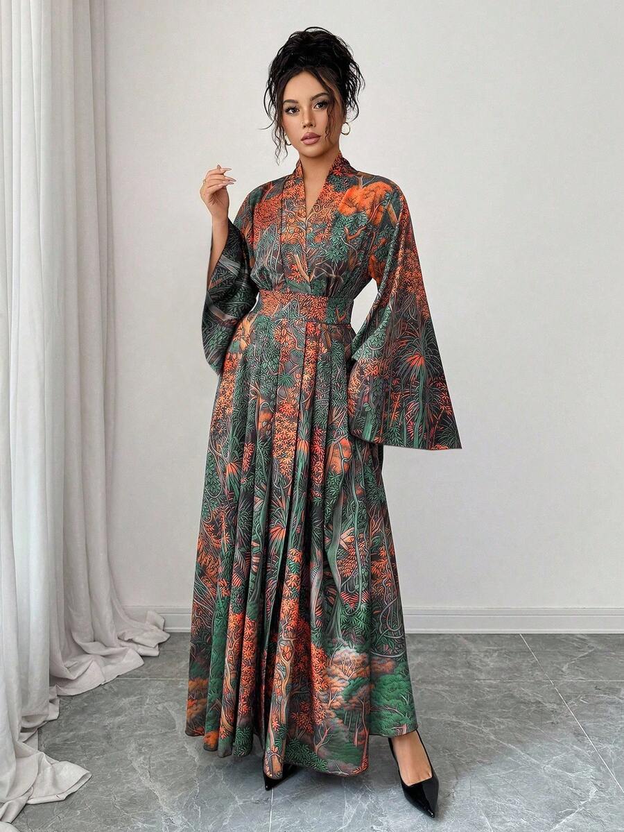 SHEIN Elenzga فستان أخضر بأكمام واسعة مطبوع بطبعة استوائية