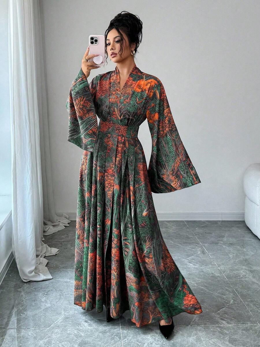 SHEIN Elenzga فستان أخضر بأكمام واسعة مطبوع بطبعة استوائية