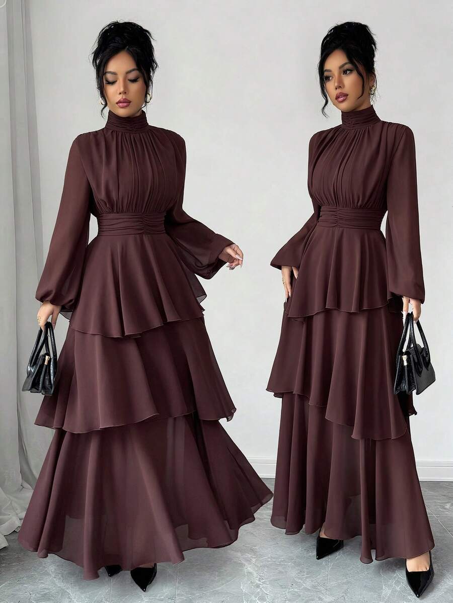 SHEIN Elenzga فستان ماكسي شيفون بأكمام فانوس وياقة عالية