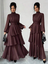 SHEIN Elenzga فستان ماكسي شيفون بأكمام فانوس وياقة عالية