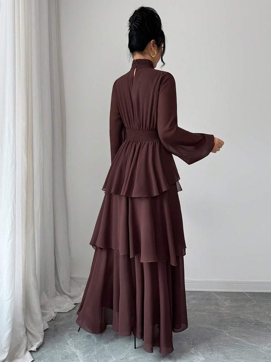 SHEIN Elenzga فستان ماكسي شيفون بأكمام فانوس وياقة عالية