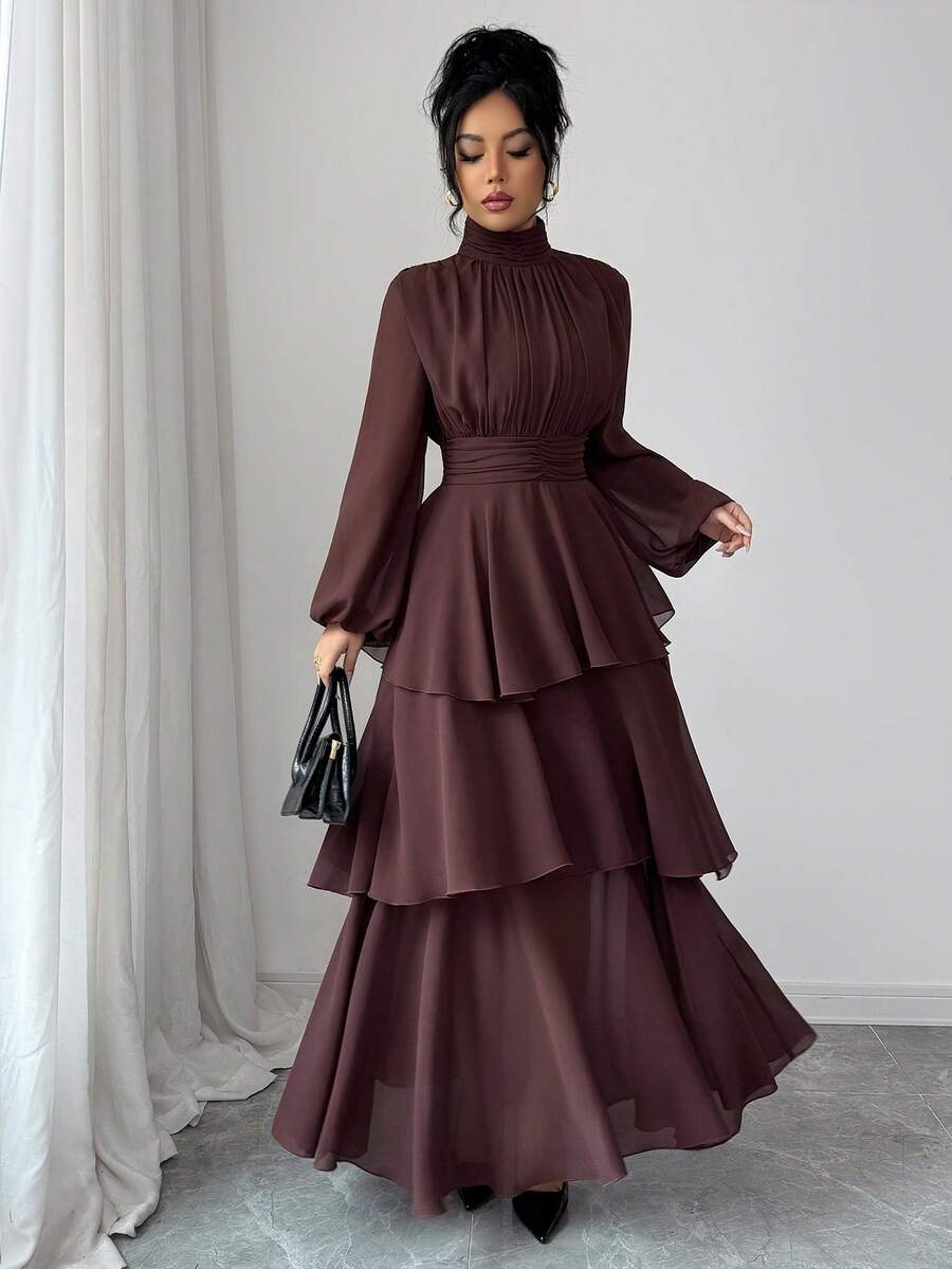 SHEIN Elenzga فستان ماكسي شيفون بأكمام فانوس وياقة عالية