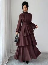 SHEIN Elenzga فستان ماكسي شيفون بأكمام فانوس وياقة عالية