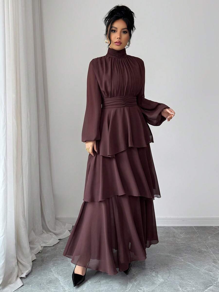 SHEIN Elenzga فستان ماكسي شيفون بأكمام فانوس وياقة عالية