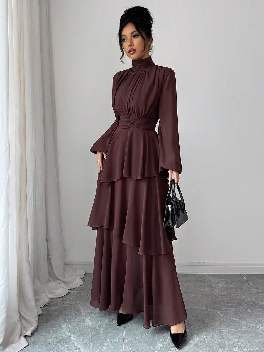 SHEIN Elenzga فستان ماكسي شيفون بأكمام فانوس وياقة عالية