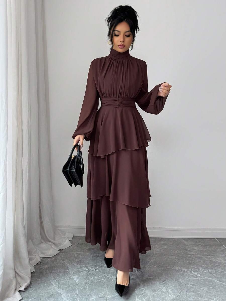 SHEIN Elenzga فستان ماكسي شيفون بأكمام فانوس وياقة عالية