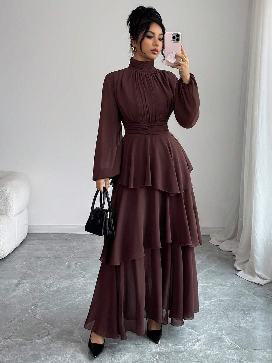 SHEIN Elenzga فستان ماكسي شيفون بأكمام فانوس وياقة عالية