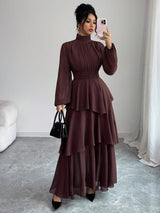 SHEIN Elenzga فستان ماكسي شيفون بأكمام فانوس وياقة عالية