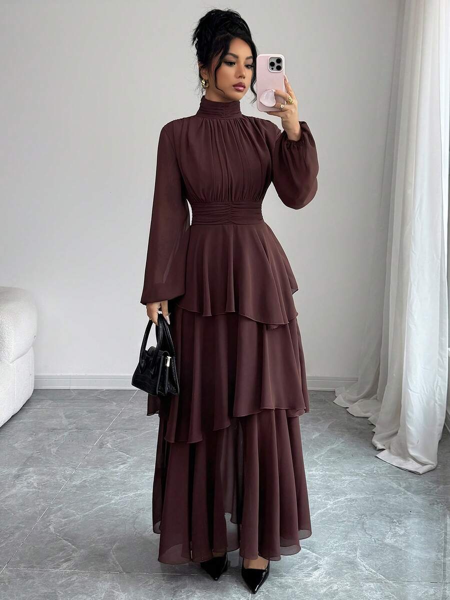 SHEIN Elenzga فستان ماكسي شيفون بأكمام فانوس وياقة عالية