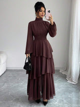 SHEIN Elenzga فستان ماكسي شيفون بأكمام فانوس وياقة عالية