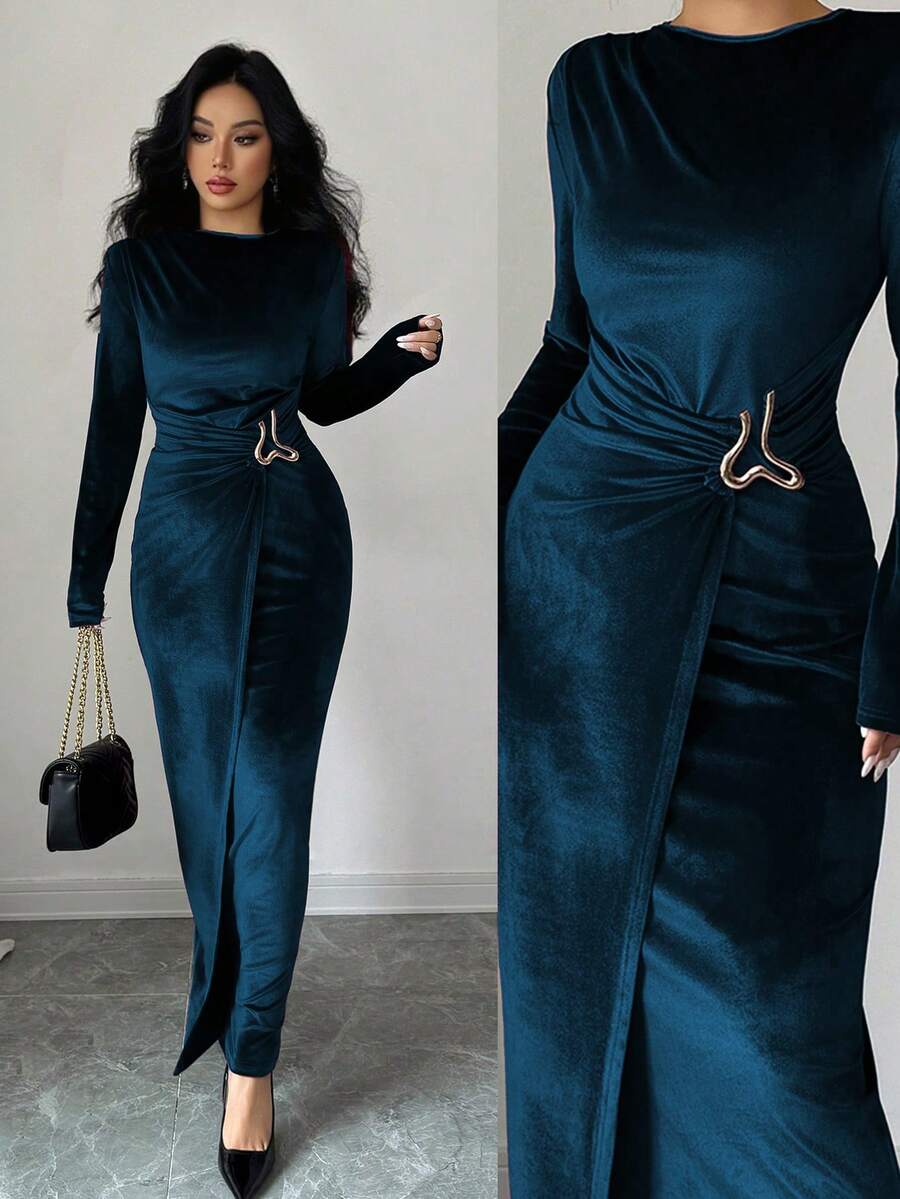 SHEIN Rafferiza فستان أزرق مخمل كاجوال بأكمام طويلة وخصر مطوي