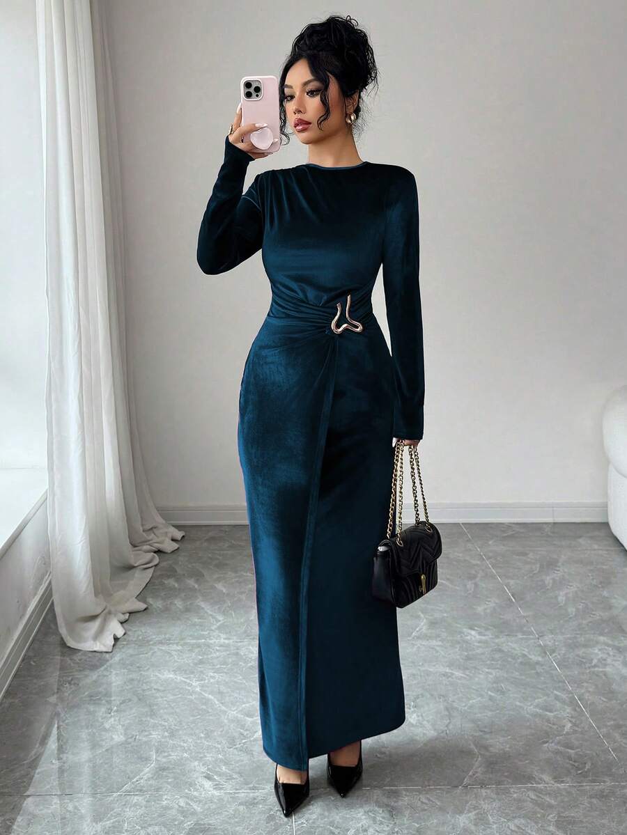 SHEIN Rafferiza فستان أزرق مخمل كاجوال بأكمام طويلة وخصر مطوي