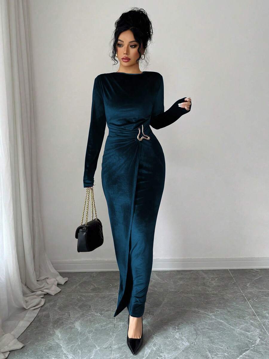 SHEIN Rafferiza فستان أزرق مخمل كاجوال بأكمام طويلة وخصر مطوي