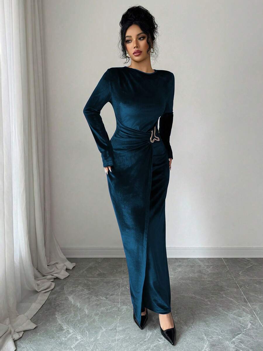 SHEIN Rafferiza فستان أزرق مخمل كاجوال بأكمام طويلة وخصر مطوي