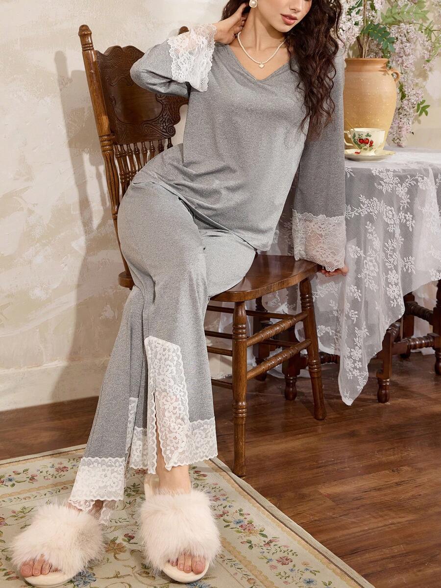 SHEIN Côtesoire طقم بيجامة أنيق بتطريز فرنسي رومانسي