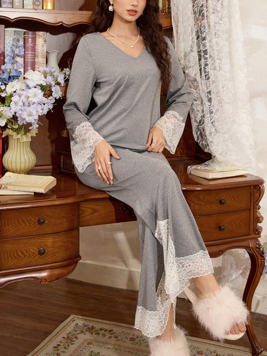 SHEIN Côtesoire طقم بيجامة أنيق بتطريز فرنسي رومانسي