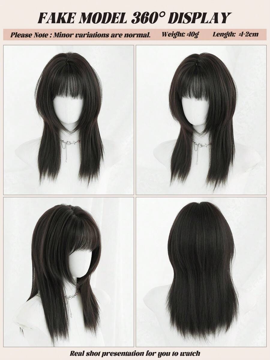 SHEIN NAMM باروكة سوداء 20 بوصة شعر مستقيم مع غرة