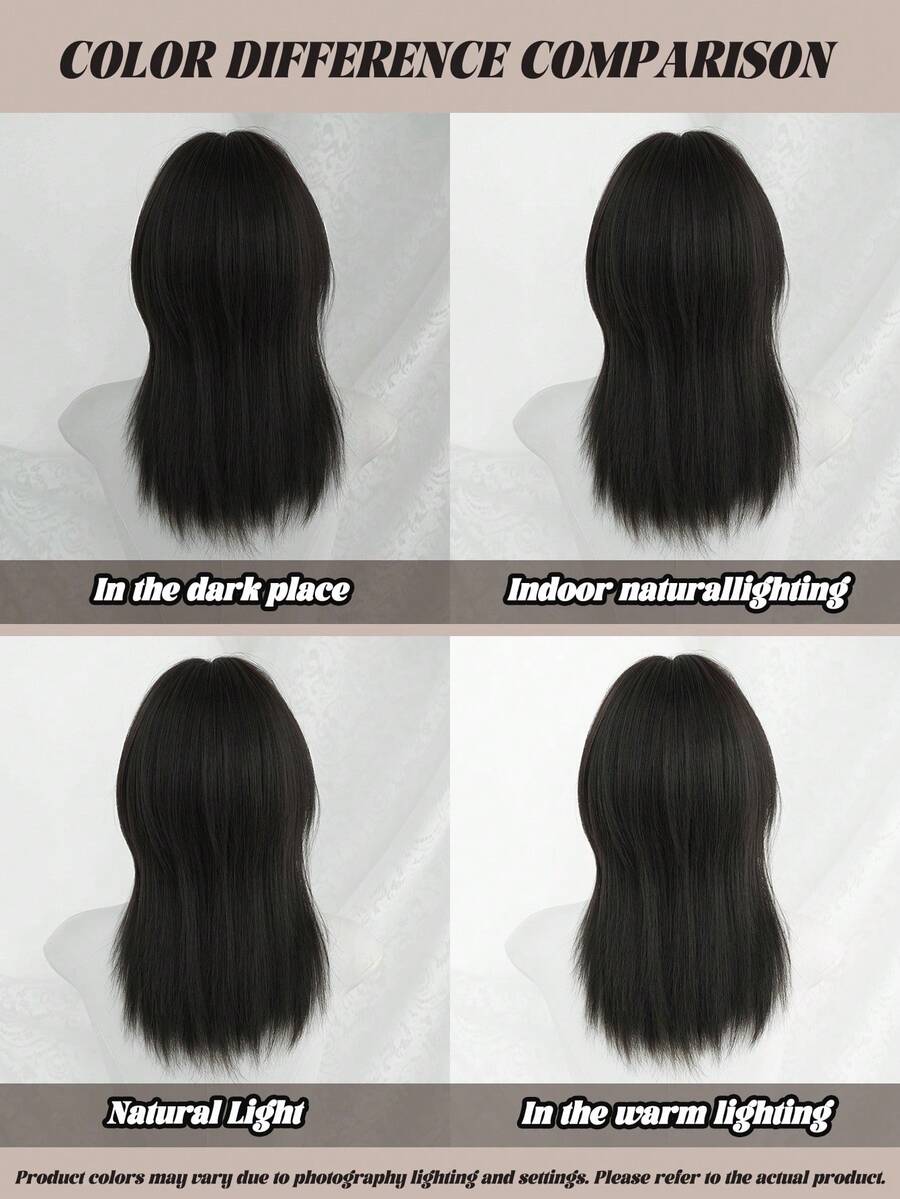 SHEIN NAMM باروكة سوداء 20 بوصة شعر مستقيم مع غرة