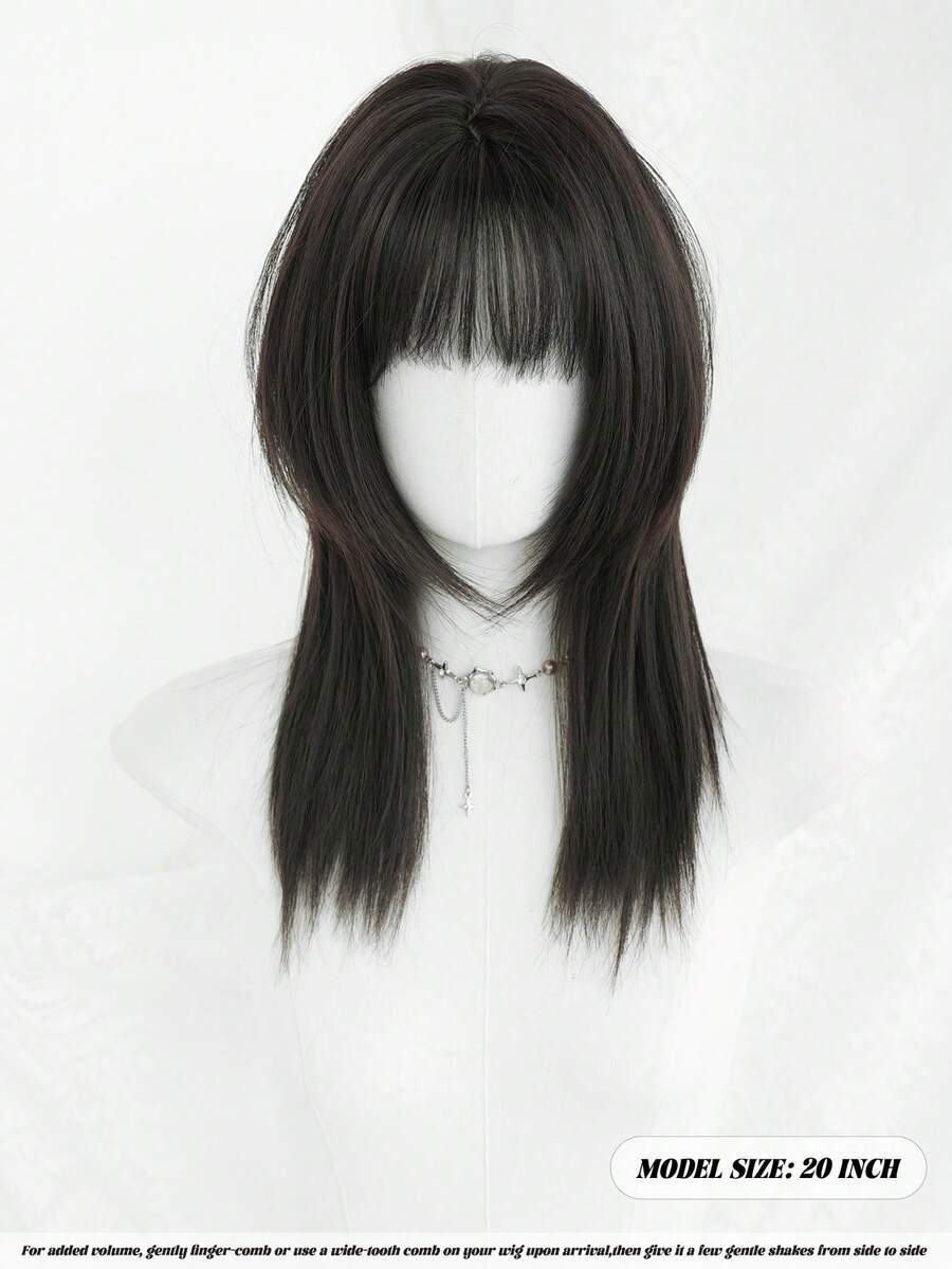 SHEIN NAMM باروكة سوداء 20 بوصة شعر مستقيم مع غرة