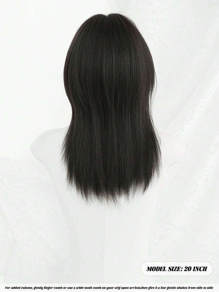 SHEIN NAMM باروكة سوداء 20 بوصة شعر مستقيم مع غرة