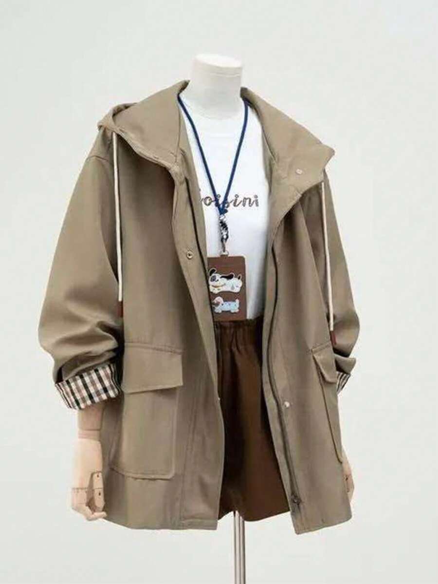 SHEIN معطف ترنش نسائي مبطن بغطاء رأس وقصة فضفاضة