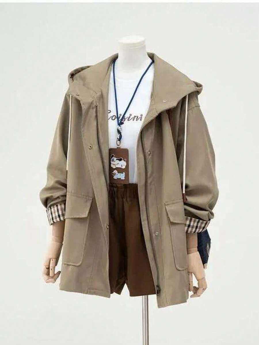SHEIN معطف ترنش نسائي مبطن بغطاء رأس وقصة فضفاضة