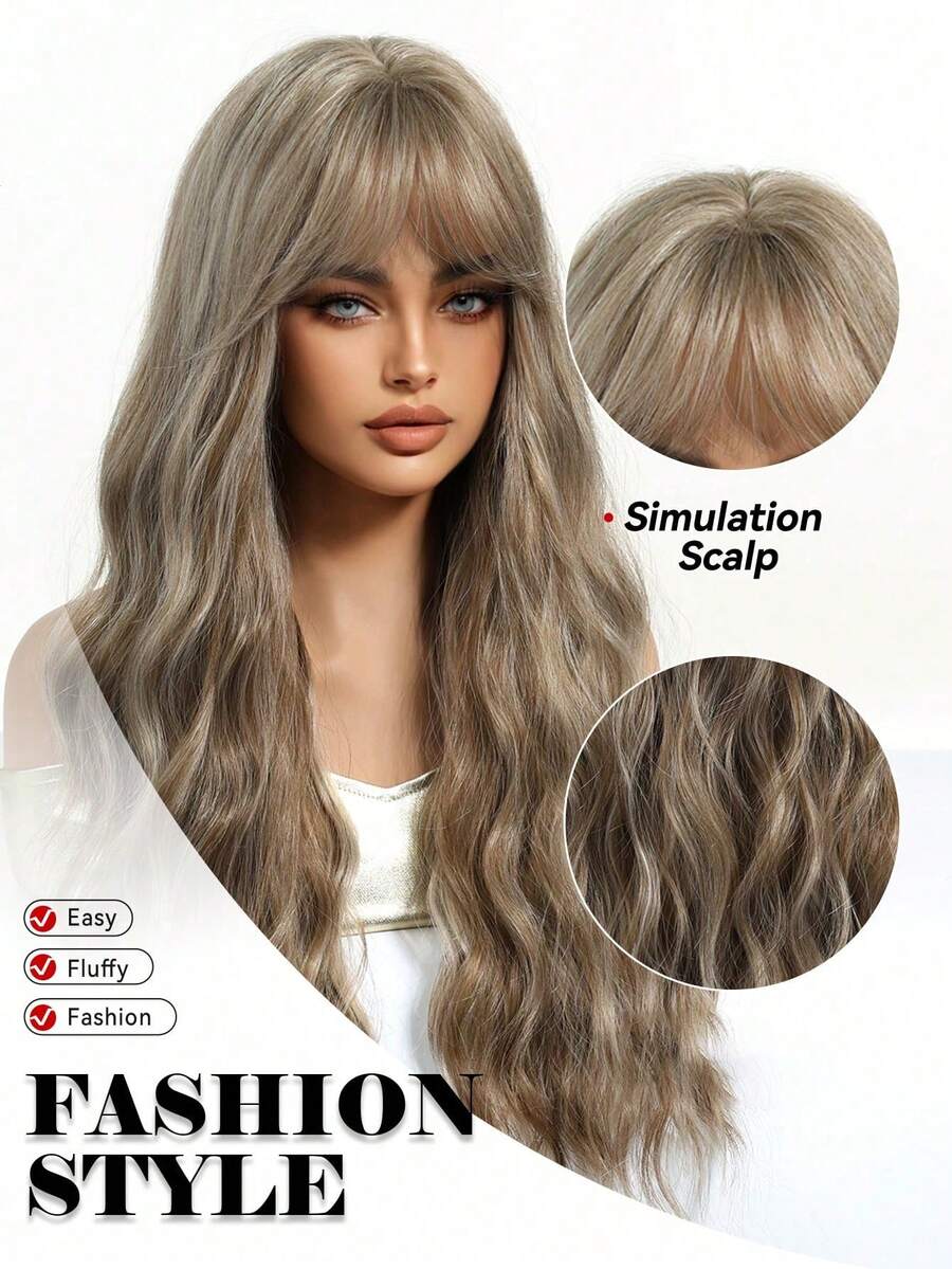 SHEIN باروكة شعر طويل بني 26 بوصة مموج وكيرلي مقاوم للحرارة مع غرة