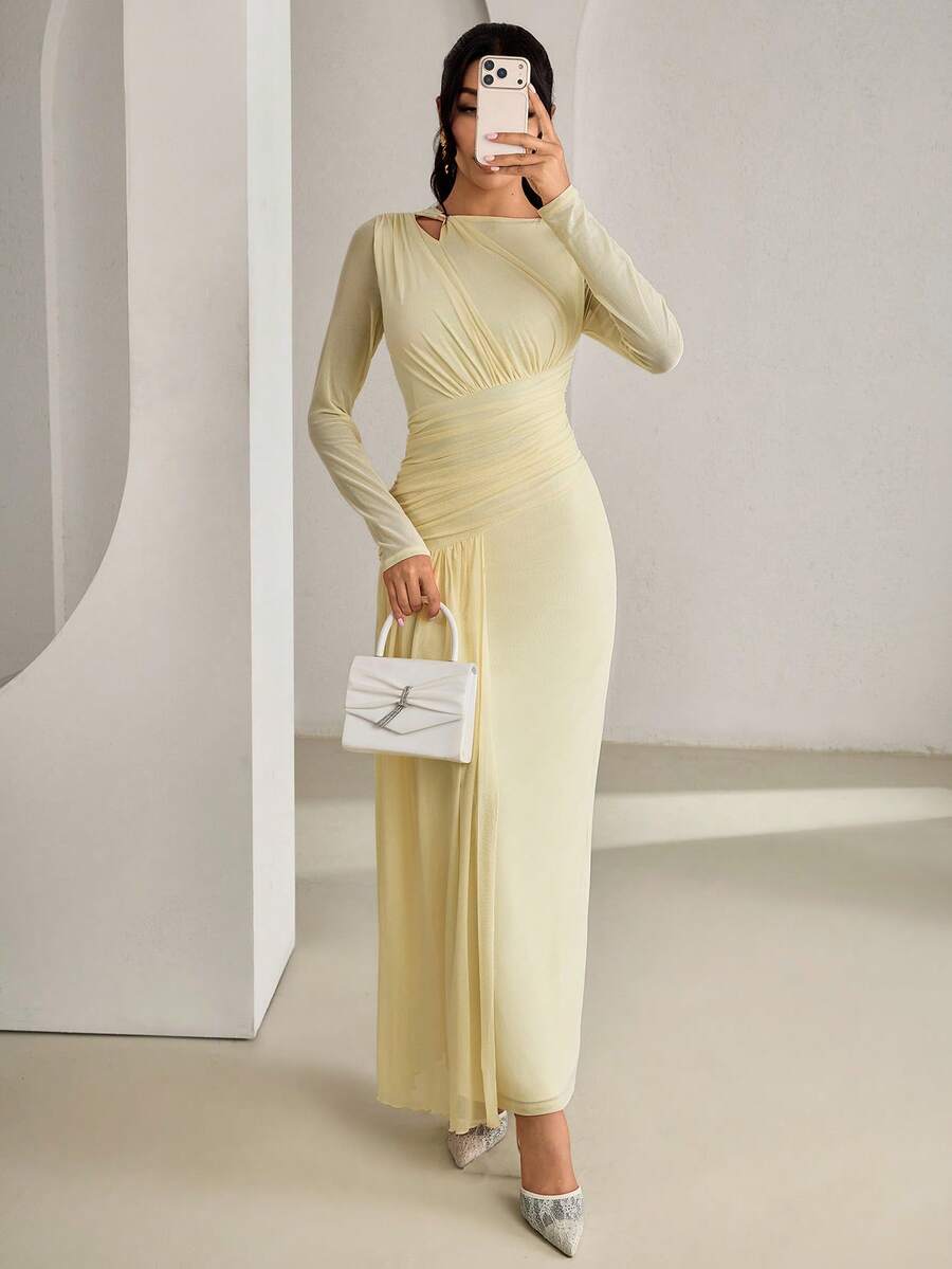 SHEIN فستان أنيق بخصر مربوط بلون أوزة صفراء